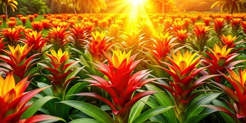 Obraz premium Stunning Aerial View of Vibrant Guzmania Blooms in Full Bloom Under Bright April Sunshine - Nature's Colorful Display of Tropical Flora and Spring Vibrancy