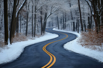 Obraz premium Winter Road Curving Through a Snowy Forest with Warm Glow of Sunset