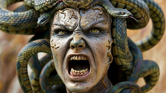 A fierce Medusa sculpture with a detailed snake headdress, intense expression, and intricate scales, evoking Greek mythology and fantasy.

