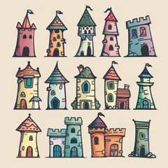 Fototapeta premium Castle icon, fairy tale forts, old towers, medieval castles, kingdom symbol, king home, fairytale fortress
