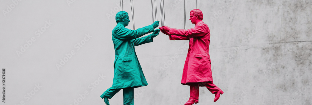 Poster two political puppets, one in emerald and one in fuchsia, struggling on strings controlled by invisi