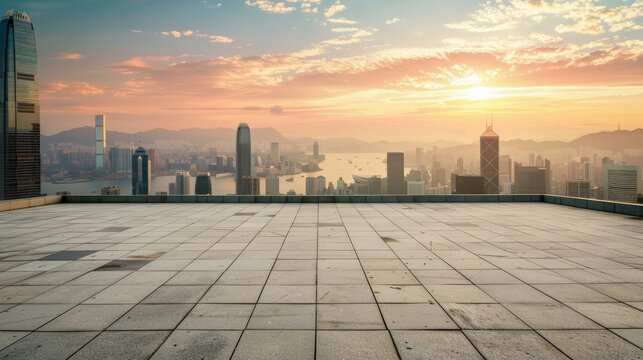 Empty square floor with city skyline background, Green Space Initiative implementation, midday