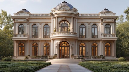 3D model of a luxury mansion with a grand entrance and intricate architectural details, isolated on white.