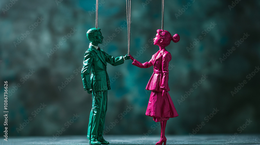 Aufkleber two political puppets, one in emerald and one in fuchsia, struggling on strings controlled by invisi