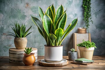 Fototapeta premium Stylish snake plant, purifying air, fashionably photographed.