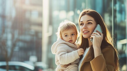 Mother talks on the phone while holding her young child in a city setting during daylight hours