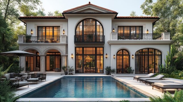 3D model of a luxury mansion with a large outdoor pool and expansive terraces, isolated on white.