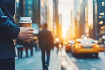 A morning scene in a bustling business hub, with professionals holding coffee cups, walking to work, and taxis lined up near skyscrapers. Soft morning lighting. Background of a vibrant urban area.