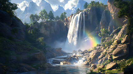 Tremendous waterfall cascading down rocky cliffs, rainbow mist forming, 8k, hyper realistic, real life based. 