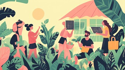 write 50 keywords on this topic, separated by commas: Images depicting eco-friendly living, such as people using reusable bags, solar panels, or practicing sustainable gardening.