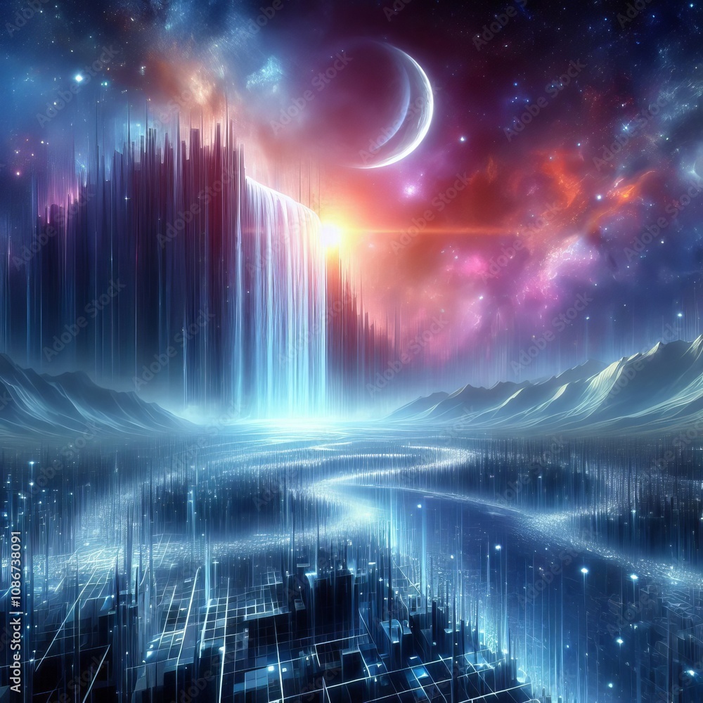Poster digital pixels cascading from a virtual waterfall