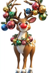 Naklejka premium Cheerful Christmas Reindeer with Ornaments and Wreath