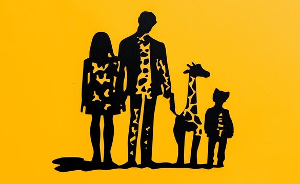 print; a family with a giraffe child for some reason