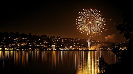 golden festive fireworks in the night sky. New Year's fireworks in the city
