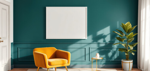 A fully blank photo frame with a sleek white border hanging on a rich teal-colored wall. The setting includes a modern velvet armchair in mustard yellow, a small glass side table with a gold base.