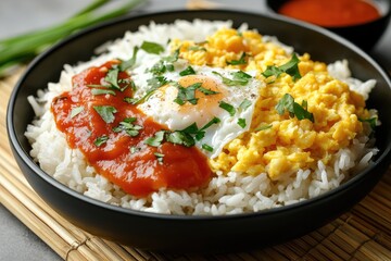 Delicious Rice Bowl With Egg Scrambled Eggs And Sauce