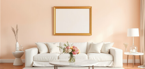 "A blank photo frame with a gold metallic border hanging on a soft peach-toned wall. The living room setup includes a white linen sofa, a round marble coffee table, and pastel decor elements.