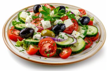 Greek Salad in Light Plate Isolated, Villages Salad or Horiatiki with Tomatoes, Diced Cucumbers, Onion
