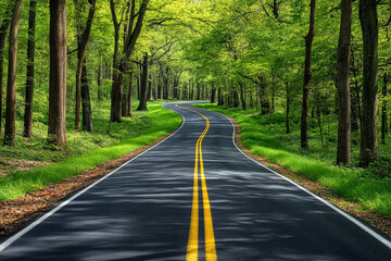 Serene Tree-Lined Road Surrounded by Lush Greenery with a Carpet of Fallen Leaves