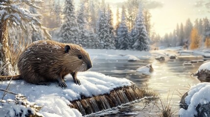 Obraz premium Beaver Engaged in Building Its Dam in a Serene Winter Landscape with Snow-Covered Trees and a Glimmering River Under Soft Light
