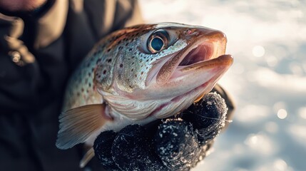 Close-Up of a Fisherman Holding a Freshly Caught Fish in a Winter Landscape, Showcasing the Texture and Colors of the Fish Under Natural Light