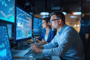 Two professionals working in a modern office, analyzing financial data and charts on multiple screens during a late-night session.
