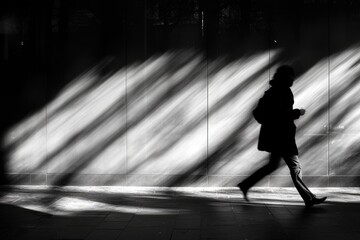 Silhouette of a person walking in dramatic urban shadows