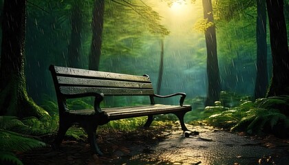 Empty Park Bench in Rainy Forest Setting, Tranquil Scene Ideal for Melancholic or Reflective 