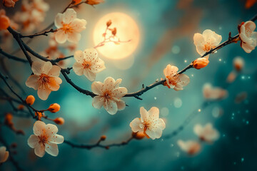 A branch with white flowers on a blue background