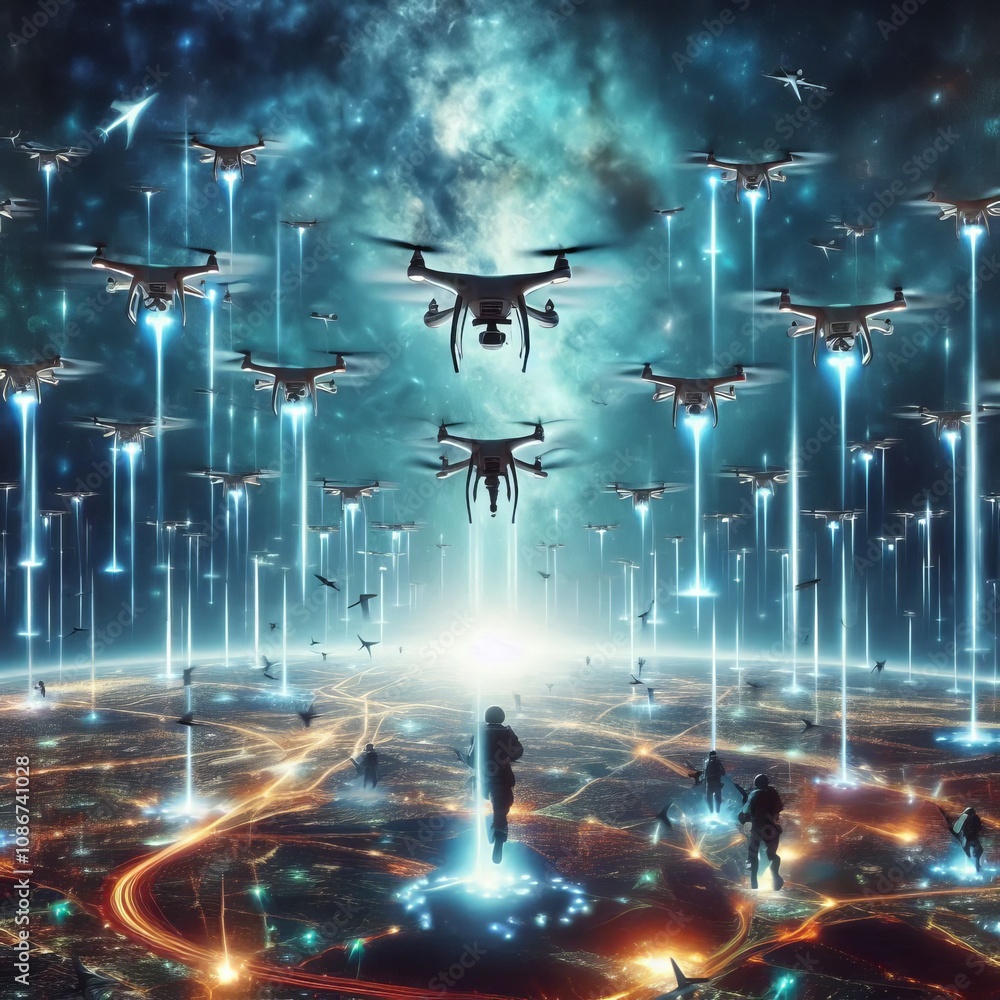 Poster drones a fleet of drones hovering and maneuvering descending tow