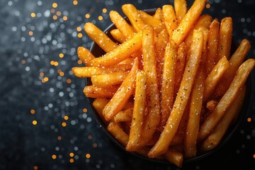 Golden crispy french fries in a bowl with sparkling bokeh background