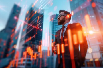 A confident businessman in a formal suit with financial data overlay, standing in front of a modern city skyline at sunset.
