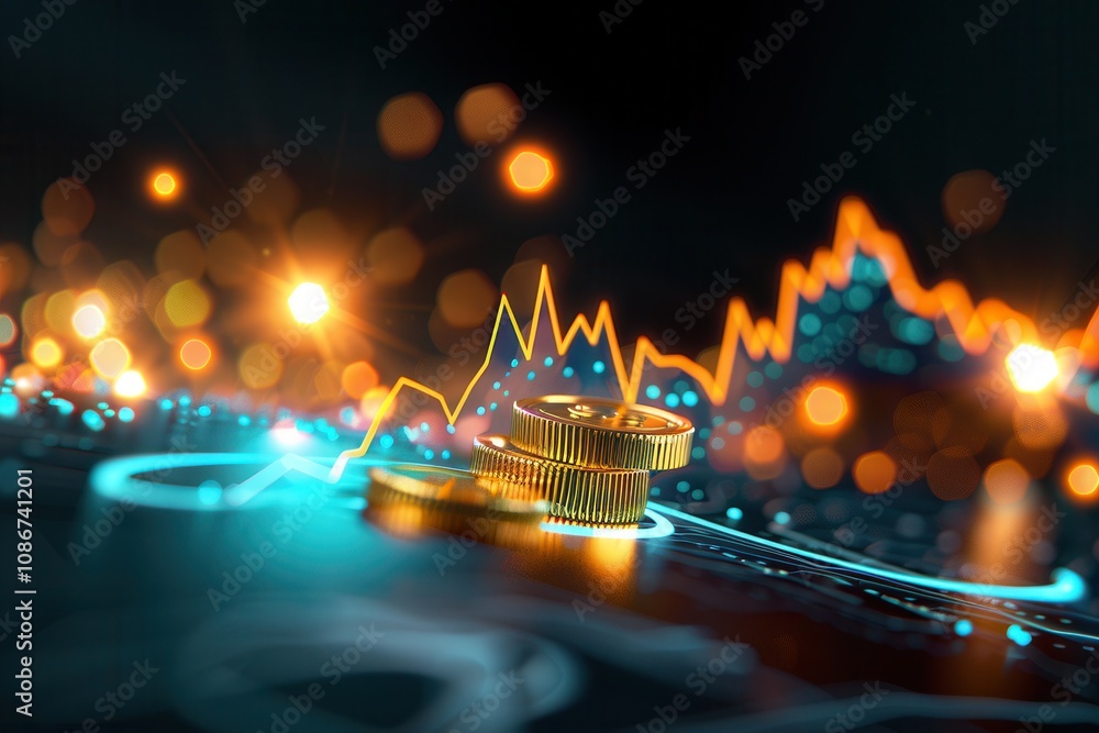 Poster stacked golden coins on a digital surface with a glowing orange financial graph and futuristic bokeh