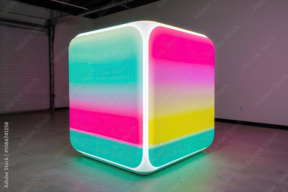 Poster playful neon gradient cube structure in soft rounded design with electric mint, fuchsia, and yellow 