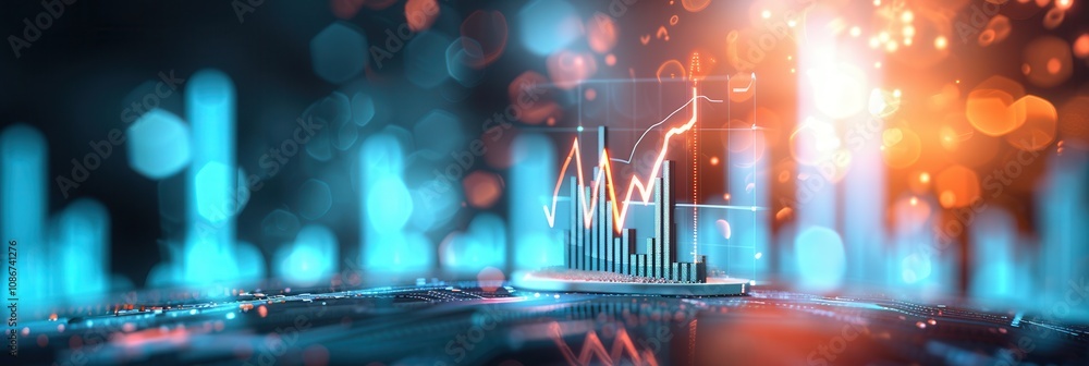 Aufkleber a digital 3d financial graph with bar charts and glowing line data surrounded by blue and orange bok