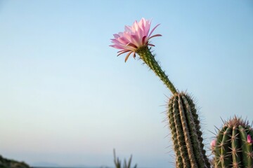 Obraz premium A solitary pink cactus flower standing tall against the pale blue backdrop of the sky, botanical photography, pink cactus flowers, plant isolation, solitary bloom, isolated flowers