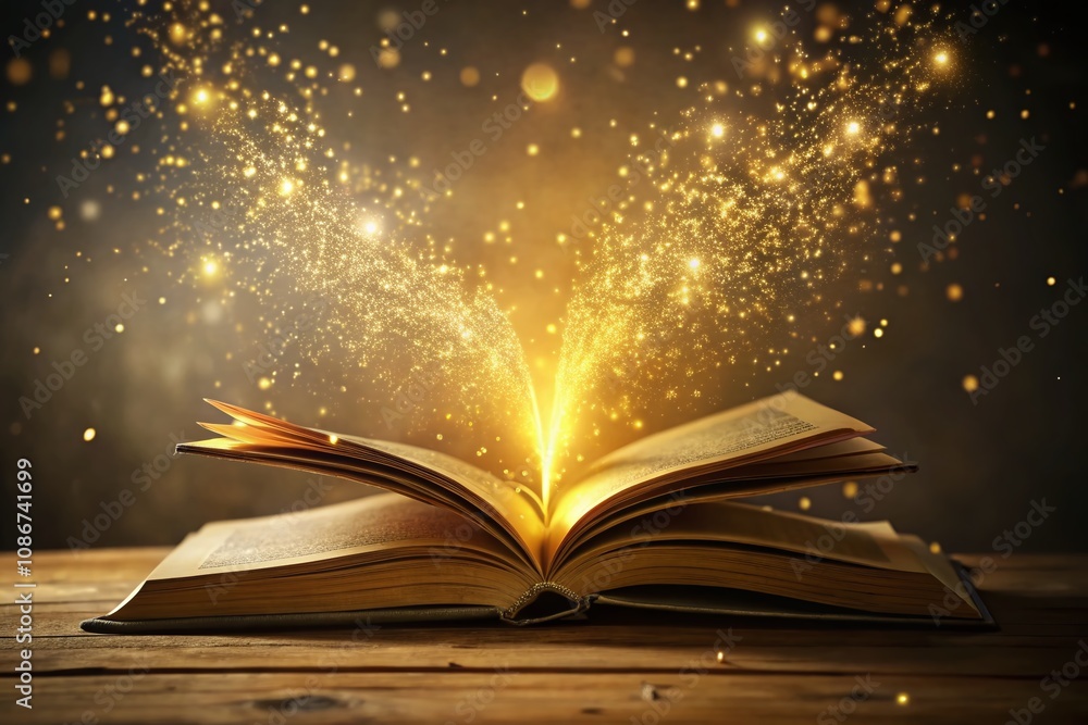 Poster Ancient Open Book with Glowing Letters Floating Above, Symbolizing Knowledge and Ideas in a Magical Realism Setting, High Depth of Field, 4K Resolution