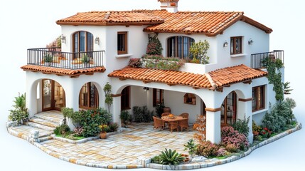 3D model of a Mediterranean villa with terracotta tiles and a detailed balcony, isolated on a white background.