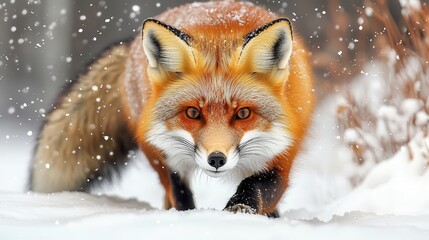 Fototapeta premium A Red Fox Stalking Through Soft Snow in a Quiet Wintry Landscape, Capturing the Essence of Nature’s Beauty and Wildlife at Its Best
