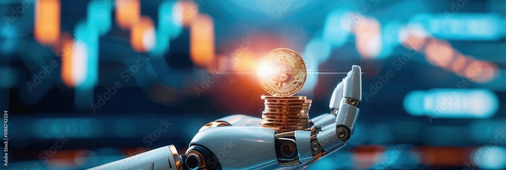 Aufkleber robotic hand holding a bitcoin coin with stacked coins and digital financial chart in the background