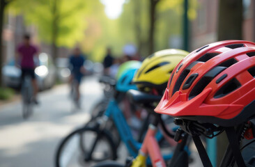Fototapeta premium Close-up of a bicycle helmet against a blurred bike rental station