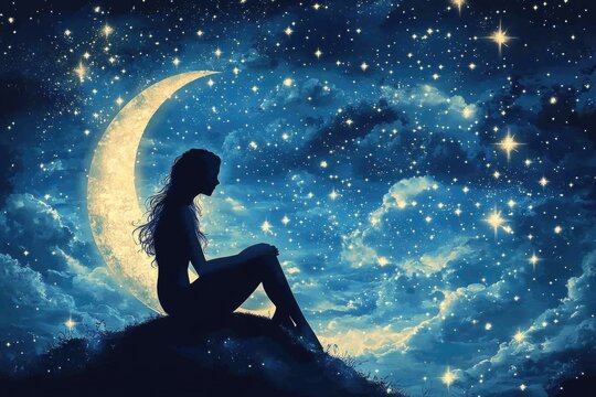 Silhouette of woman sitting on hill with crescent moon and starry night sky