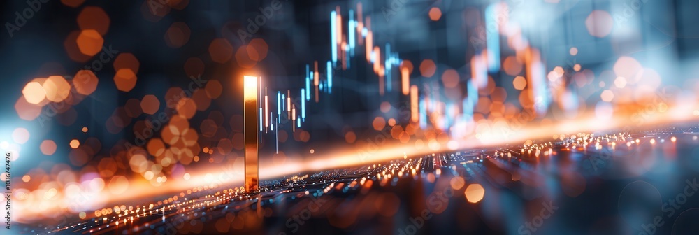 Poster abstract visualization of a financial chart with glowing bars and bokeh effects, symbolizing stock m