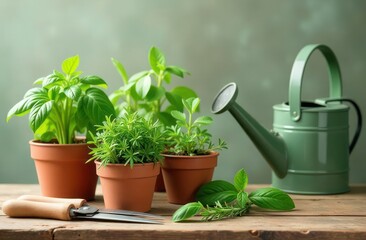 Obraz premium small pots with various herbs like basil, mint, rosemary and gardening tools. Space for text to promote herb gardening kits or growing herbs at home