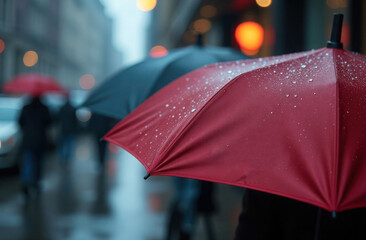 Close up of open umbrella on rainy day background with space for text