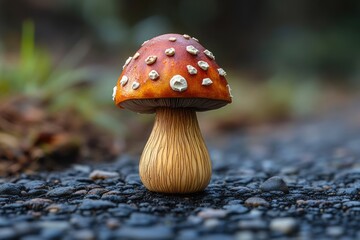 Macro view of vibrant red toadstool mushroom on forest pathway