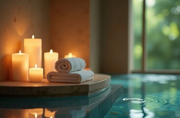 Luxurious spa setting with rolled towels, glowing candles, and a water reflection, surrounded by green plants. Tranquil atmosphere for relaxation and self-care