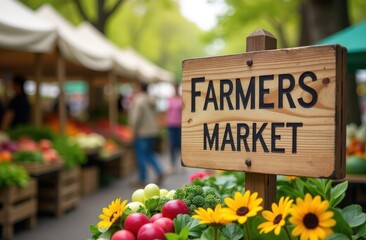 wooden sign at the entrance of farmers' market. space for text to advertise market days