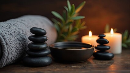 Relaxing Spa Setting With Stacked Stones, Candles, and a Bowl of Oil on a Wooden Table Surrounded by Soft Towels and Greenery