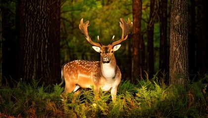 Fototapeta premium Fallow deer in the forest at sunset. Selective focus. 